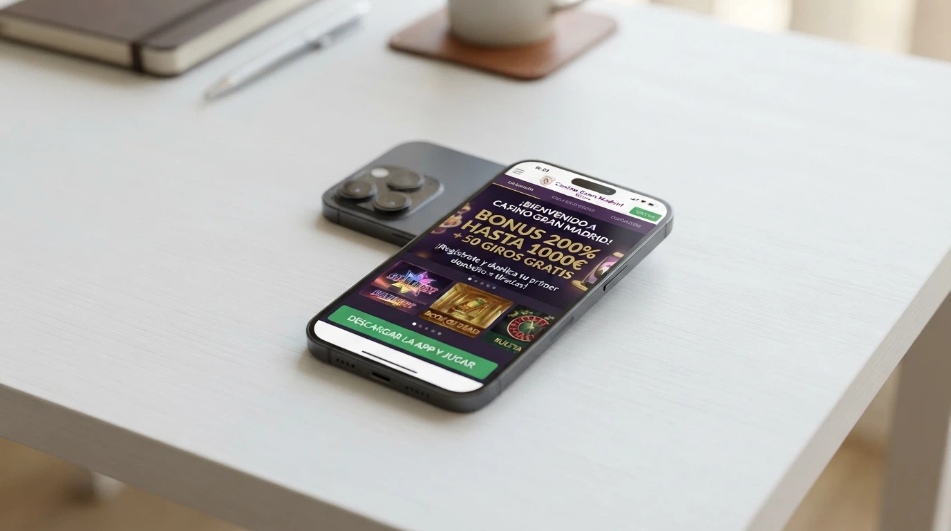 Móvil mostrando la pantalla de descarga de una app de casino con licencia DGOJ junto al icono de un bono de bienvenida