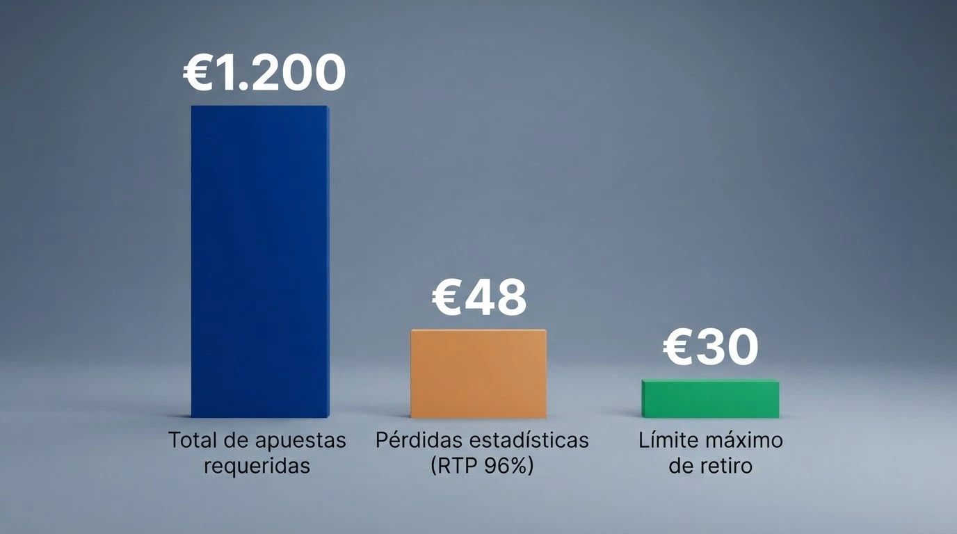 Representación visual del recorrido de un bono de 30 € multiplicado por un rollover de x40: 1.200 € en apuestas antes de poder retirar