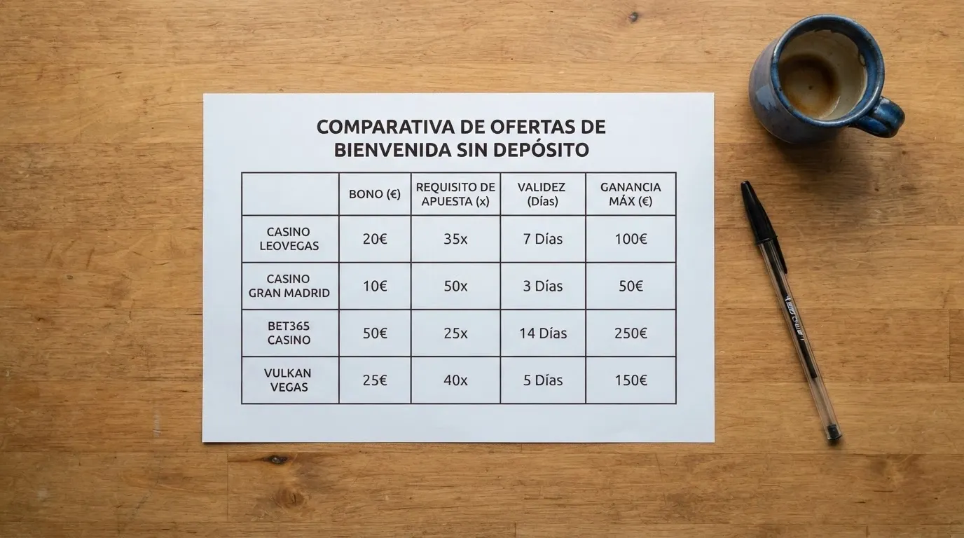 Tabla comparativa con los logotipos y cifras clave de los operadores revisados, ordenados por valor de su bono sin depósito