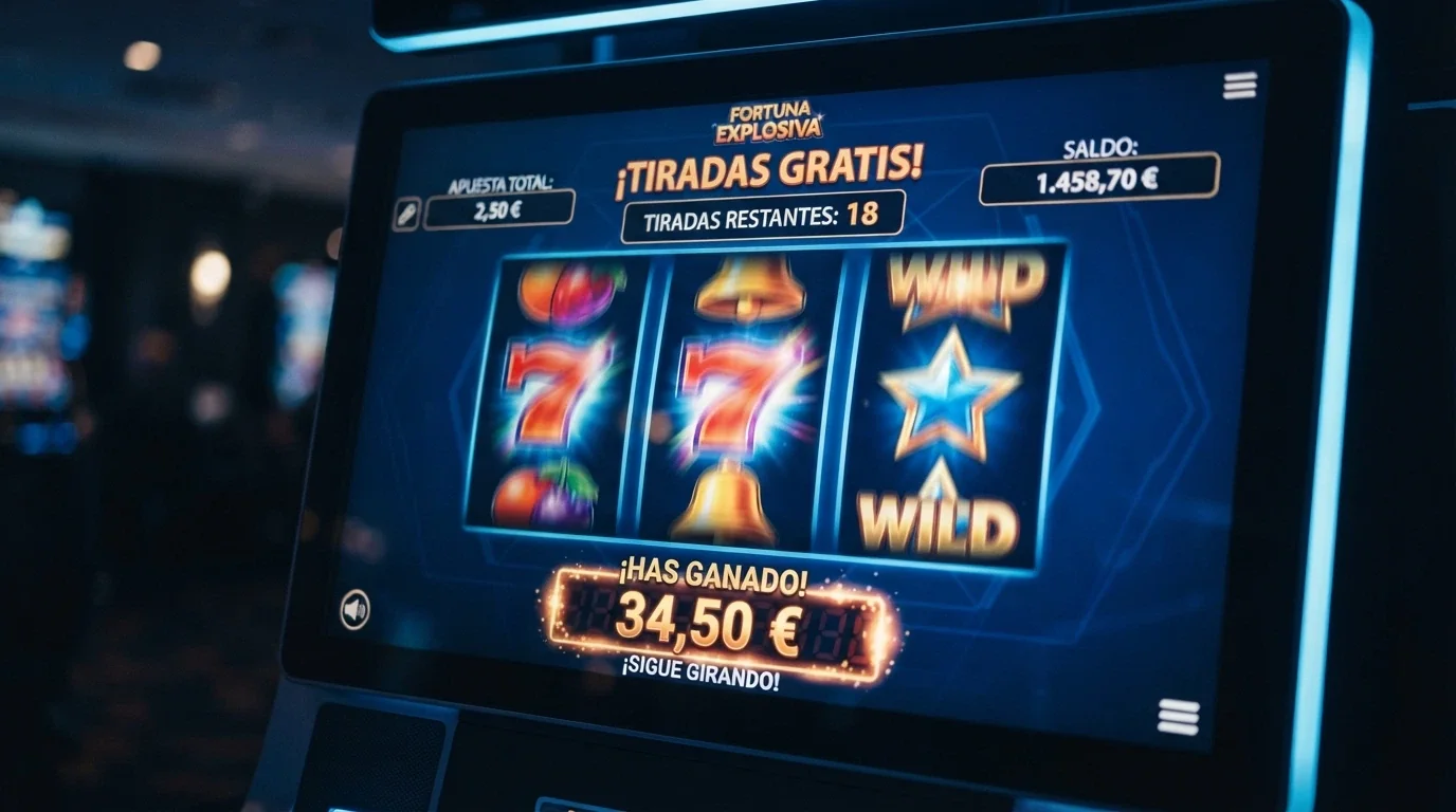 Interfaz de una tragaperras online con el contador de tiradas gratis activo y el marcador de ganancias subiendo